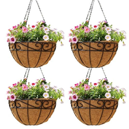 EIMQUVW Outdoor Metal Hanging Planters Basket (4pack, 12 inch) Hanging Baskets for Plants Chain Round Wire Plant Holder with Coco Fiber Liners for Garden, Patio, Deck, Porch(Flower Border) - size: 12 Inch