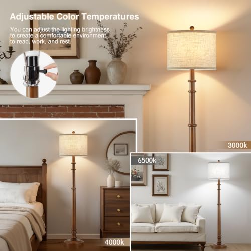 Floor Lamps for Living Room - 60" Farmhouse Floor Lamp with Adjustable Color Temperatures - Vintage Standing Lamp Reading Light with Linen Shade Rustic Tall Lamp for Bedroom Office, Dining Room, Wood - color: Wood