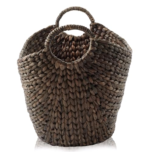 Casafield Large Laundry Boat Basket with Handles - Espresso, Woven Water Hyacinth Multipurpose Storage Organizer for Throw Blankets, Bathroom, Bedroom, Living Room