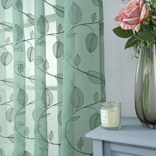 BGment Dark Green Leaf Sheer Curtains 84 Inches Long Living Room 2 Panels - color: Dark Green-leaf, size: 52"W x 84"L (Pack of 2)