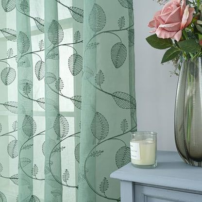 BGment Dark Green Leaf Sheer Curtains 84 Inches Long Living Room 2 Panels - color: Dark Green-leaf, size: 52"W x 84"L (Pack of 2)