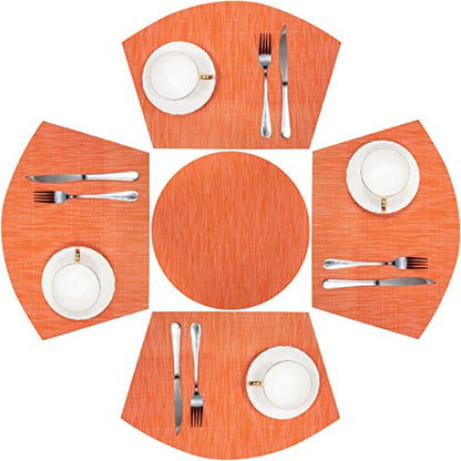 SHACOS Round Table Placemats Set of 5 Woven Vinyl Wedge Placemats with Centerpiece Round Table Mats Heat Resistant Wipe Clean (5, Orange) - color: Orange