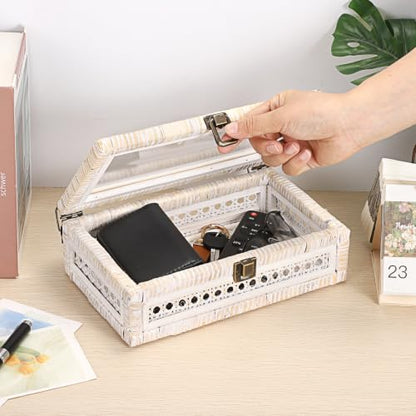 Hipiwe Handwoven Rattan and Wood Display Box with Clear Lid, Whitewash - color: Whitewash Color, size: X-Small, 9.8"x5.9"x3.1"