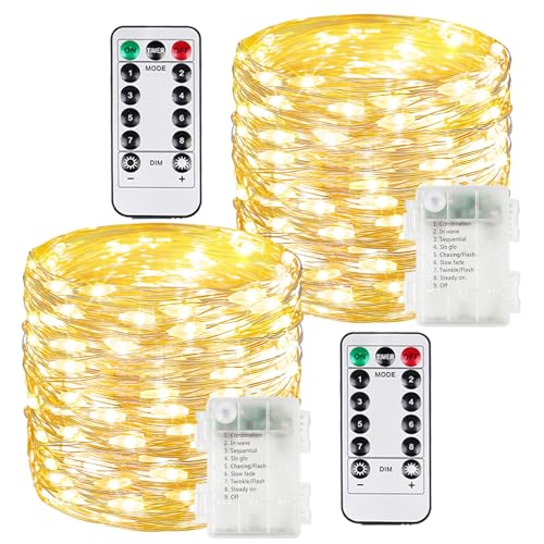 2 Pack 100 LED Fairy Lights Battery Operated with Remote, 33 FT Warm White - color: Warm White, size: 2PK（100LED with Remote）