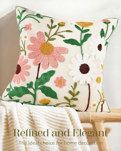 Embroidered Throw Pillow Cover, 18x18 Inch, Pastel Wildflowers - color: Pink-white-flower, size: 18" x 18" (Pack of 1)