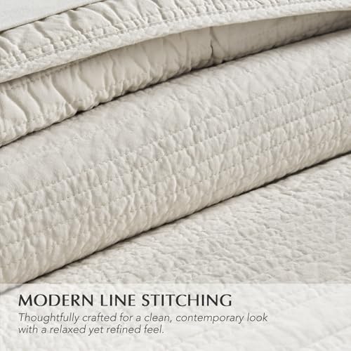 EVERGRACEHOME 100% Cotton Modern Lines Quilt Set Queen Size, Birch - color: Birch, size: Full/Queen (92" X 92")