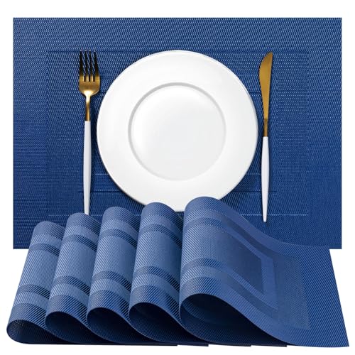 Placemats Set of 6 - Easy Clean Woven Vinyl Placemats for Dining Table, Indoor/Outdoor Place Mats, Washable PVC Table Mats（Navy Cube） - color: C-navy Cube