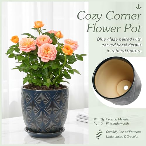 7.2 Inch Modern Ceramic Glaze Plant Pot with Drainage Hole,Mesh Net,Saucer,Indoor Outdoor Planter(Fan-Blue) - color: Fan-blue