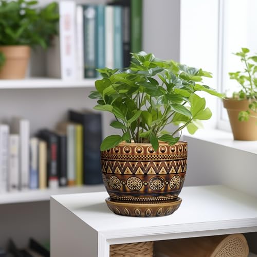 G EPGardening Ceramic Pot for Plants 5.5 Inch - Ceramic Plant Pot with Drainage Hole and Saucer, Boho Round Planter for Indoor Outdoor Plants, Plant Lover Gifts, Office Garden House Decor, Brown - color: Triangle Brown