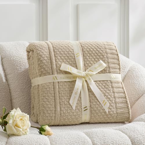 Amélie Home Chenille Knit Throw Blanket, Sandy Beige 50"x60" - color: Sandy Beige, size: 50" X 60"