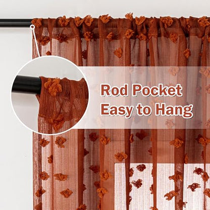 MYSKY HOME Terracotta Boho Sheer Curtains with Pom Pom 50Wx84L,2 Panels - color: Terracotta, size: 50"W x 84"L (Pack of 2)