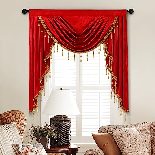 ELKCA Luxury Burgundy Red Velvet Curtain Valances for Living Room with Beads(39inch,1 Panel) - color: Burgundy Red, size: 39"W x 43"L (Pack of 1)
