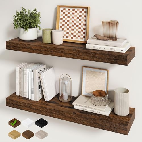 Fun Memories 30Inch Floating Shelves for Wall, 2 Pack Rustic Wood Shelves for Bathroom|Kitchen Wall Mounted Floating Shelf with Invisible Brackets for Books|Storage|Decor, Brown - color: Brown, size: 6.5"D x 30"L