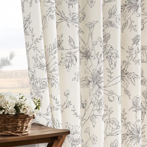 Rustic Boho Black Floral Pinch Pleat Linen Kitchen Curtains 36 Inch Length - color: Black, size: 40"W x 36"L (Pack of 2)