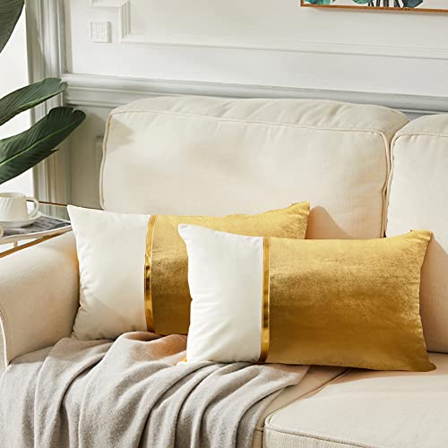 Fancy Homi 2 Pack Gold Lumbar Throw Pillow Covers 12x20 Inch for Couch, Velvet Patchwork with Gold Leather, Luxury Modern Home Decor, Rectangular Cushion Case 30x50 cm - color: Gold, size: 20" x 12" (Pack of 2)