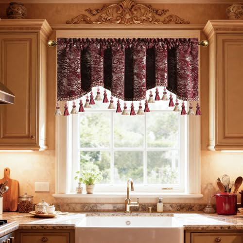 Leeva Velvet Window Valance 52x18 Burgundy, Foil Print Floral Pattern Rod Pocket Curtain Topper with Tassel Trim for Bedroom Living Room - color: Burgundy