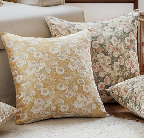Chenille Rose Floral Pattern Farmhouse Throw Pillow Cover, 18 x18 Yellow - color: Light Yellow, size: 18" x 18" (Pack of 1)