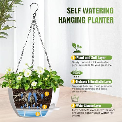 12 Inch Large Self Watering Hanging Planters 2 Pack with Saucers - color: White, size: 12 Inch 2 Pack