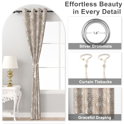 Abstract Floral Patterned Blackout Curtains for Bedroom and Living Room, Farmhouse Summer Thermal Insulated Curtains 84 Inch Length 2 Panels Set, Room Darkening Soundproof Curtains with Two Tiebacks - color: Beige Line Floral