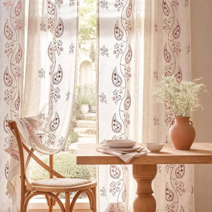 jinchan Linen Curtains 84 Inch Terracotta Floral Drapes Back Tab 2 Panels - color: Terracotta on Beige, size: 50"W x 84"L (Pack of 2)