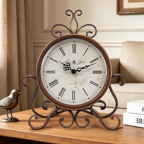 Mantel Clock Table Clock on Stand Retro Desk Shelf Brass Clock Non-Ticking - color: Retro-brass