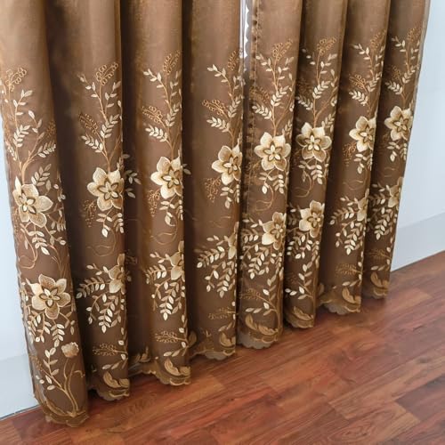 Amidoudou 1 Pair European Double Layer Curtains for Living Room Bedroom Luxury Flower Embroidered Curtains with Valance (Brown,52x90 Inch) - color: Brown, size: 52"W x 90"L (Pack of 2)