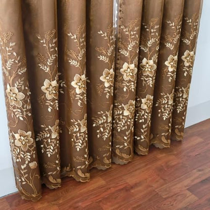 Amidoudou 1 Pair European Double Layer Curtains for Living Room Bedroom Luxury Flower Embroidered Curtains with Valance (Brown,52x84 Inch) - color: Brown, size: 52"W x 84"L (Pack of 2)