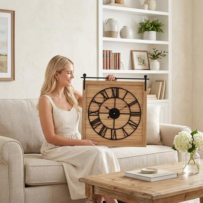 EMAX HOME 24 Inch Large Farmhouse Wall Clock, Unique Square Rustic Solid Wood Frame with Black Metal Hanging Rod, Silent Non-Ticking Quartz Movement, for Living Room, Bedroom, Kitchen - color: Brown 2, size: 24 Inch
