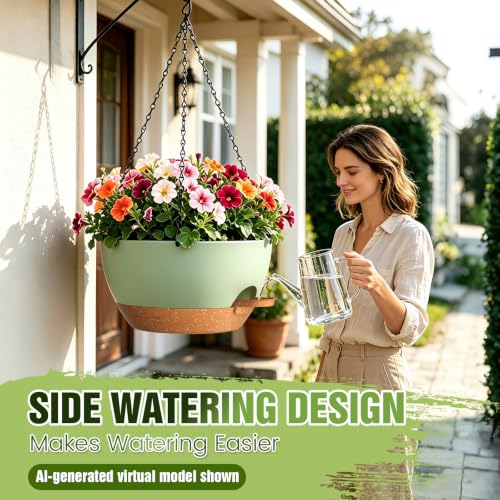 13 Inch Large Self Watering Hanging Planters 2 Pack with Saucers - color: Green Brown, size: 13 Inch 2 Pack