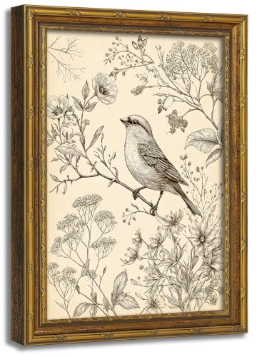 Vintage Gold Framed Canvas Wall Art 9×11 Inch Bird Floral Sketch Picture Poster Neutral Wall Decor for Bedroom Farmhouse Indoor Home Decoration - color: Bird, size: 11"L x 9"W