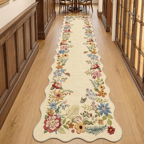 FMFUNCTEX 3x12 Hallway Runner Rug Washable Beige Floral Vintage Scalloped - color: Beige, size: 3' x 12' (Rectangular)