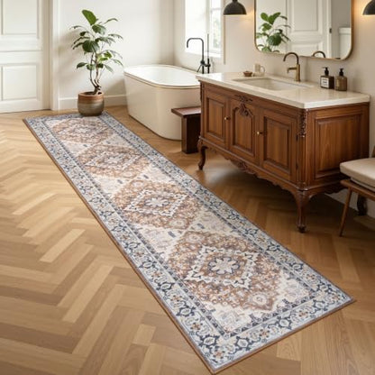Lofus 2'6" x 10' Hallway Kitchen Washable Runner Rug, Long Carpet Brown - color: Floral Brown, size: 2'6 x 10' (Runner)