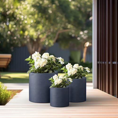 Kante Set of 3 Charcoal Concrete Cylinder Round Planters for Modern Home - color: Charcoal, size: 9.8",12.6",15.7" Dia