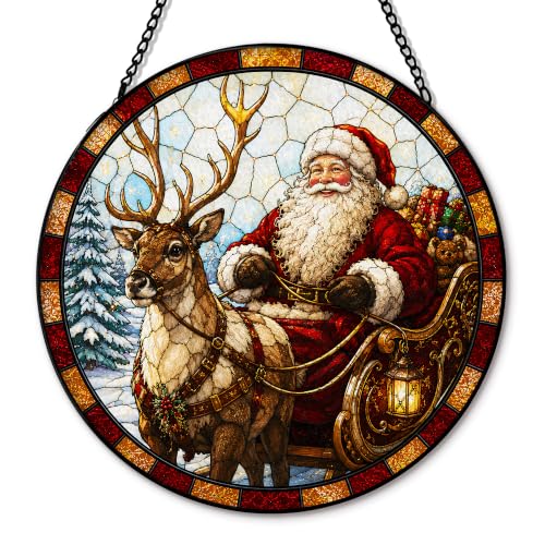 Christmas Deer Suncatcher Stained Glass Window Hanging, Winter Santa Claus Reindeer Xmas Sun Catchers Indoor Window Glass Round Wall Decor, Christmas Wall Art Hanging Decorations, 7.8x7.8in - color: Deer