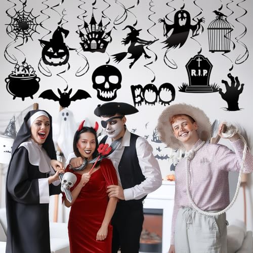 Halloween Hanging Swirls, 30Pcs Hanging Halloween Ceiling Streamers Black Spooky Ghost Claw Bat Pumpkin Swirls for Classroom Office Indoor Outdoor Party Supplies - color: Halloween Black