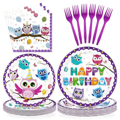 Grencian 96Pcs Owl Birthday Party Decorations for Boys Girls, Serves 24 - style: Owl Birthday Kit