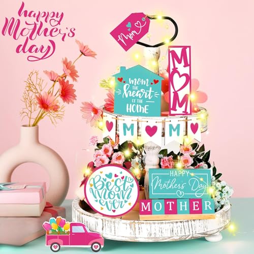 12 Pcs Mother's Day Tiered Tray Decor Happy Mother's Day Sweet Decorations Wooden Table Truck Flower Signs Gift for Mom - style: Best Mom