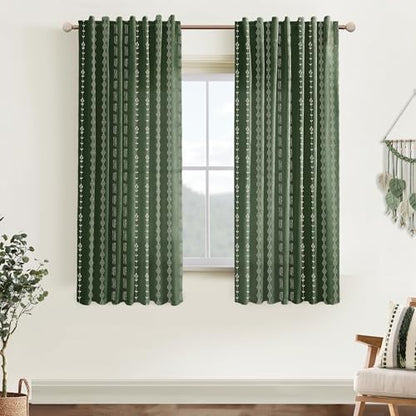 Olive Green Linen Sheer Boho Patterned Curtains 63 Inches Long for Living Room 2 Panels Set - color: Olive Green, size: 50"W x 63"L (Pack of 2)