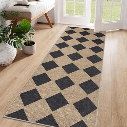 Zeeinx 2x6 Checkered Easy Jute Runner Rug Kitchen Runner Rugs for Hallway - color: Black/Checkered, size: 2'*6'(Runner)