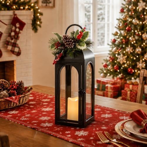 Bdor 16 Inch Black Metal Christmas Lantern with Remote LED Candle and Timer
