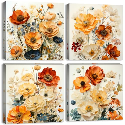 Orange Fall Wall Art Flower Pictures Wall Decor for Bathroom Vintage Floral Pictures Burnt Orange Wildflower Canvas Prints Nature Botanical Paintings Artwork Living Room Bedroom Home Decoration 12x12" 4Pcs - color: Fall Flower, size: 12 x 12 in
