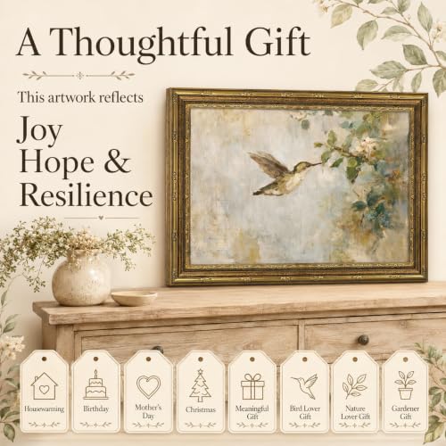 Vintage Gold Frame Hummingbird Wall Art, Rustic Canvas Painting Print for Bathroom Bedroom Decor, Aesthetic Bird Artwork for Living Room Entryway, Nature Farmhouse Home Office Wall Decor 12x16 In - color: bird, size: 16"L x 12"W