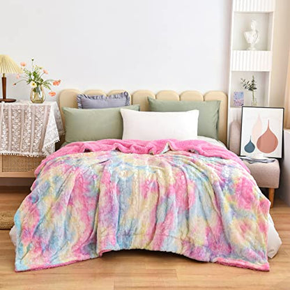 NEWCOSPLAY Faux Fur Sherpa Queen Blanket for Couch, Light Rainbow, 90"x90" - color: Light Rainbow, size: Queen(90"x90")