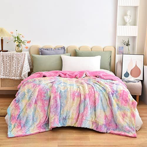 NEWCOSPLAY Faux Fur Sherpa Queen Blanket for Couch, Light Rainbow, 90"x90" - color: Light Rainbow, size: Queen(90"x90")