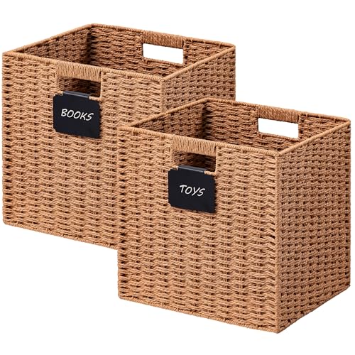 UBBCARE 2 Pack Wicker Basket, 12×12 Storage Cubes with Label, Foldable Cube Storage Bin with Handle, Square Storage Basket for Shelves, Woven Paper Rope Basket for Organizing, Caramel - color: Caramel, size: 2pack-12L×12H×11.2W