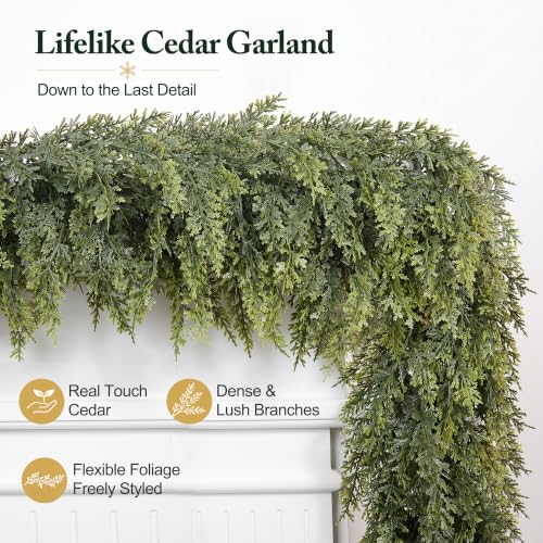 9 Ft Christmas Cedar Garland, Real Touch Thick Cedar Garland for Mantel - size: 9 Ft Cedar Garland