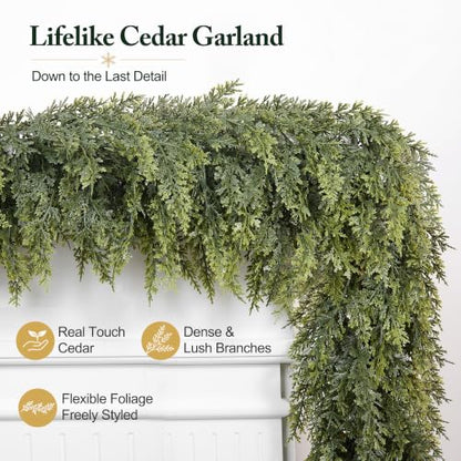 9 Ft Christmas Cedar Garland, Real Touch Thick Cedar Garland for Mantel - size: 9 Ft Cedar Garland