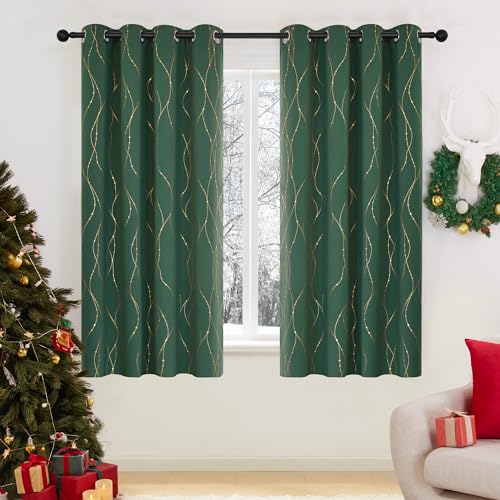 Deconovo Black Out Curtains 63 Inch Long, Curtains for Living Room Bedroom - color: Dark Forest Green/Dots and Line, size: 52"W x 63"L (Pack of 2)