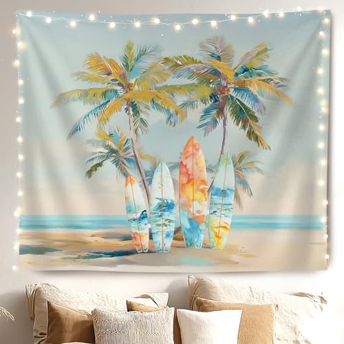 MKYFHSVGD Summer Beach Surf Tapestry Wall Hanging, Coastal Room Decor, Tropical Palm Tree Surfboard Ocean Wall Tapestry for Bedroom Living Room Home Beach House Decorations, 50x60 Inch - color: Summer