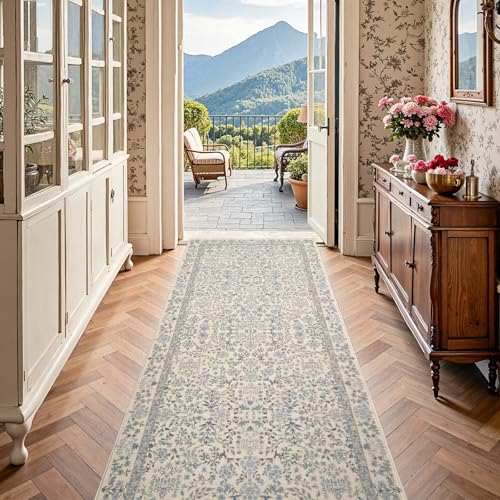 jinchan 3x8 Washable Hallway Runner Rug, Floral Non-Slip, Blue/Cream - color: Blue/Cream, size: 3' x 8' (Rectangular)